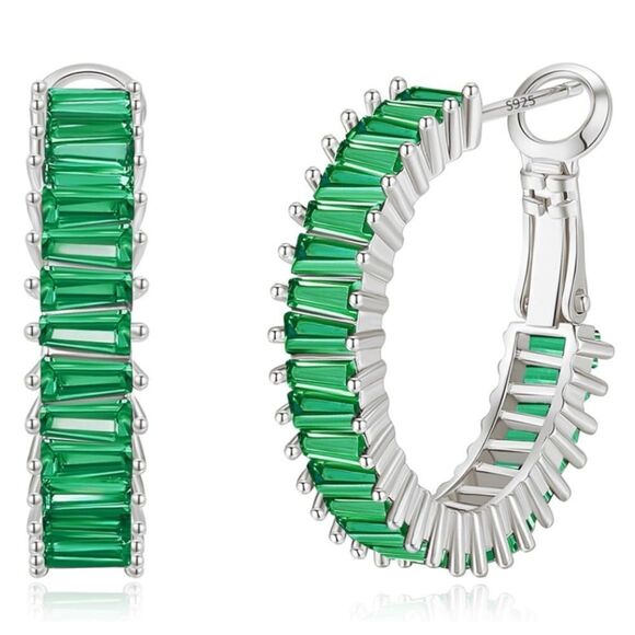 14K White Gold with Emerald Green Cubic Zirconia Drop Hoop Leverback Earrings main image 3